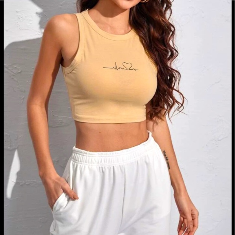 Tan/Brown HeartBeat Graphics With A Heart Crop Tank Top 💯 Cotton